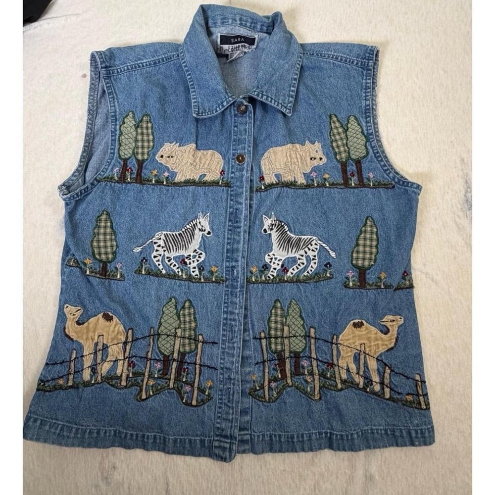 Sara Studio Plus Embroidered Denim Vest‎ 1X Animal Scene Western Boho